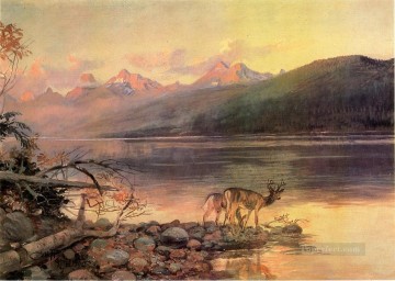  charles Pintura - Ciervos en el lago McDonald paisaje americano occidental Charles Marion Russell